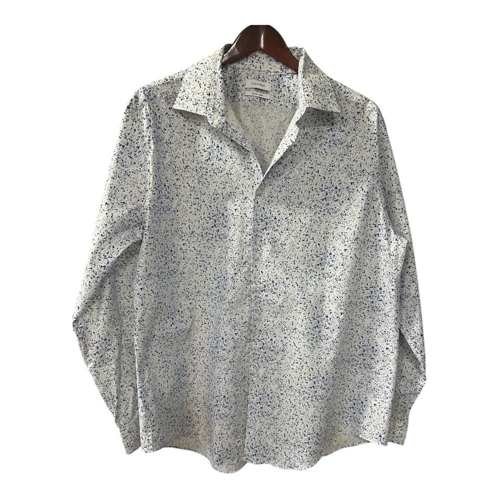 Calvin Klein Slim Fit Stretch  Men’s Blue Splatter Button Down Shirt Siz…